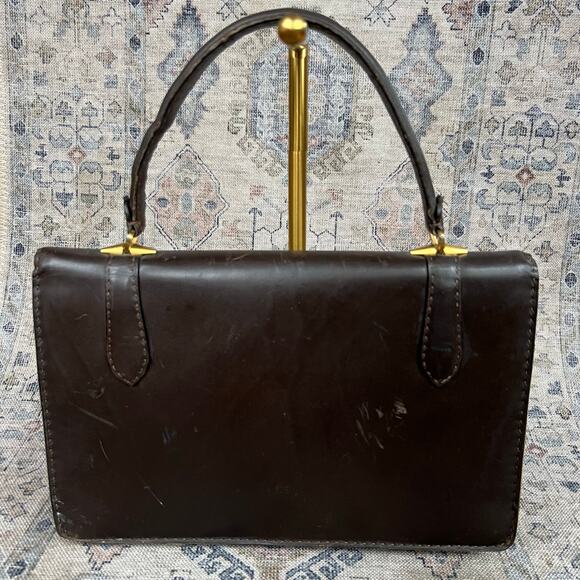 Vintage 50s Del Taglia Italian Leather Top Handle Bag Brown Structured Handbag - Picture 6 of 14